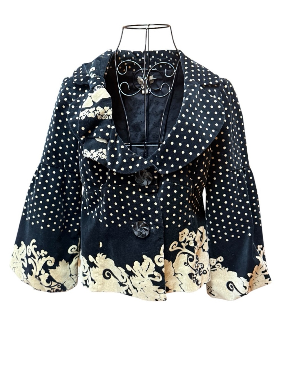elevenses Y2K Anthropologie Black Polka Dot Jacket Bell Sleeve Cream Floral Trim